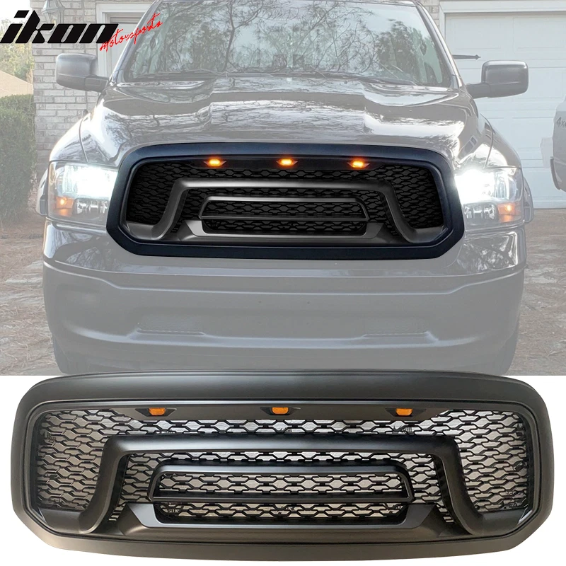 Fits 13-24 Dodge Ram 1500 Rebel Style Front Bumper Hood Mesh Grille Matte Black