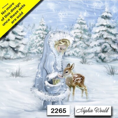 (2265) TWO Paper LUNCHEON Decoupage Art Craft Napkins - GIRL FEEDING DEER SNOW