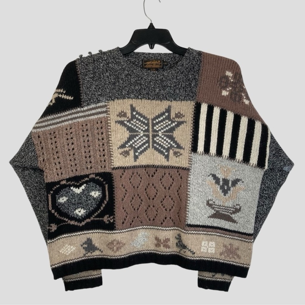 Eddie Bauer Patchwork Cable Knit Sweater Cozy Win… - image 1