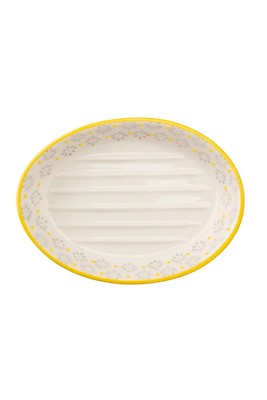 Große ovale Keramik Seifenschale mit Blumenmuster, gelber Rand, handbemalt