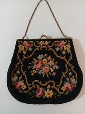 Vintage Needlepoint Tapestry Purse Handbag Black W Floral Kisslock Closure EUC