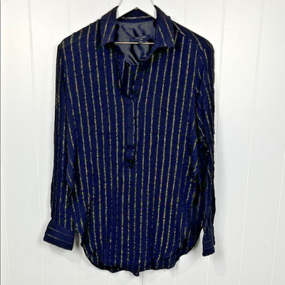 All Saints Womens Blouse L Black Gold Metallic Thread Pullover Side Slits Fancy