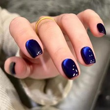 30Pcs Blue Cat eye Wearable Press on Nails Short Square Full Cover False Nails