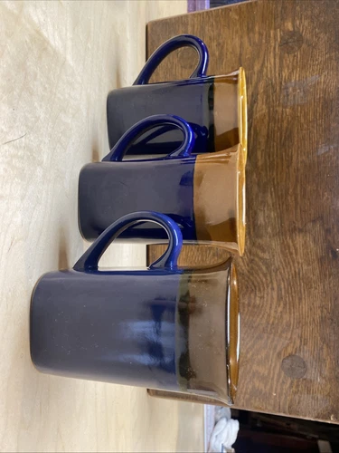 Royal Norfolk Stoneware Cobalt Blue & Brown Coffee Mugs / Cups Set of 3