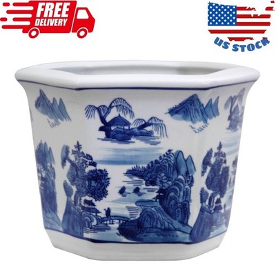 Oriental Furniture 10'' Landscape Blue & White Porcelain Flower Pot
