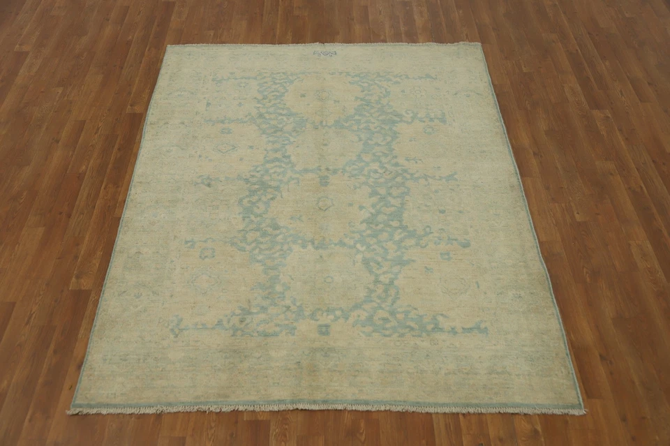 Handmade Transitional Wool Carpet Blue Floral Ziegler Vegetable Dye Rug 5x7 Ft - Image 2 of 4