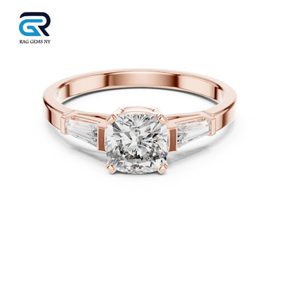 14K White Gold Cushion Cut Diamond Engagement Ring Tapered Baguette Side Stones