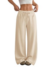 Womens Casual Linen Wide Leg Pants Flowy Drawstring High Waist Palazzo Beach ...