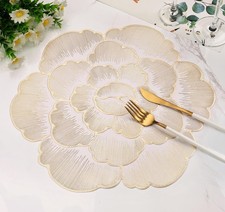 Gold Round Placemats Set of 6 Pressed Vinyl Metallic Flower Table Mats