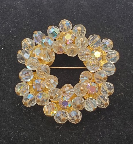 Vintage Austrian Crystal Bead AB Brooch Pin 6 Sections Unique Back Layered Wired
