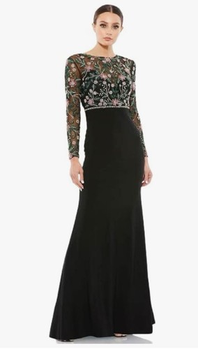 Mac Duggal 67870 Beaded Illusion High Neck Trumpet Gown Size 14 Floral Black