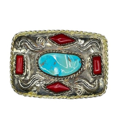 Vintage Silver Belt Buckle With Turquoise Coral And Agate