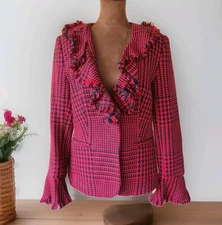 V2K Metro Style Blazer Jacket Size 8 Tall Bell Sleeve Ruffle Front Houndstooth 