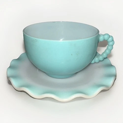 Vintage Hazel Atlas Crinoline Cup & Saucer Blue Milk Glass Ruffled Edge