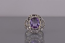 Sterling Silver 20mm Dotted Scrolled Frame Oval Amethyst Band Ring 925 Sz: 6