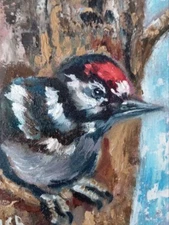 Woodpecker Original Oil Painting Bird 4x5 inches