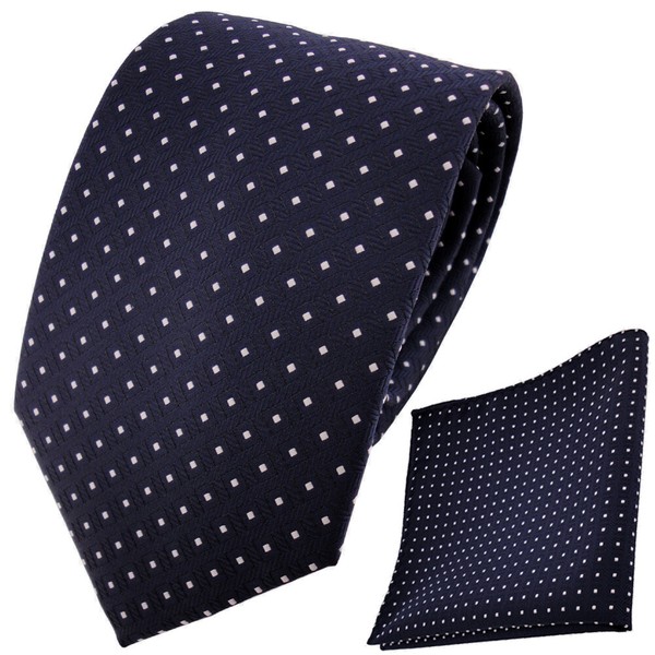 Tigertie Krawatte + Einstecktuch Marine Dunkelblau Silberweiss Gepunktet-image