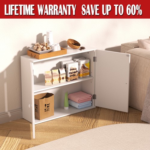 White Bathroom Wall Cabinet Storage 2 Door Cupboard MDF Shelves Vanity Unit