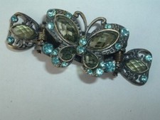 VINTAGE AQUA RHINESTONE  GREEN PLASTIC GEM BUTTERFLY METAL HAIR CLAW CLIP