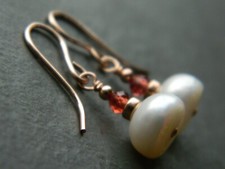 Beautiful White Freshwater Pearls, Garnet Gemstones & Rolled Rose Gold Earrings