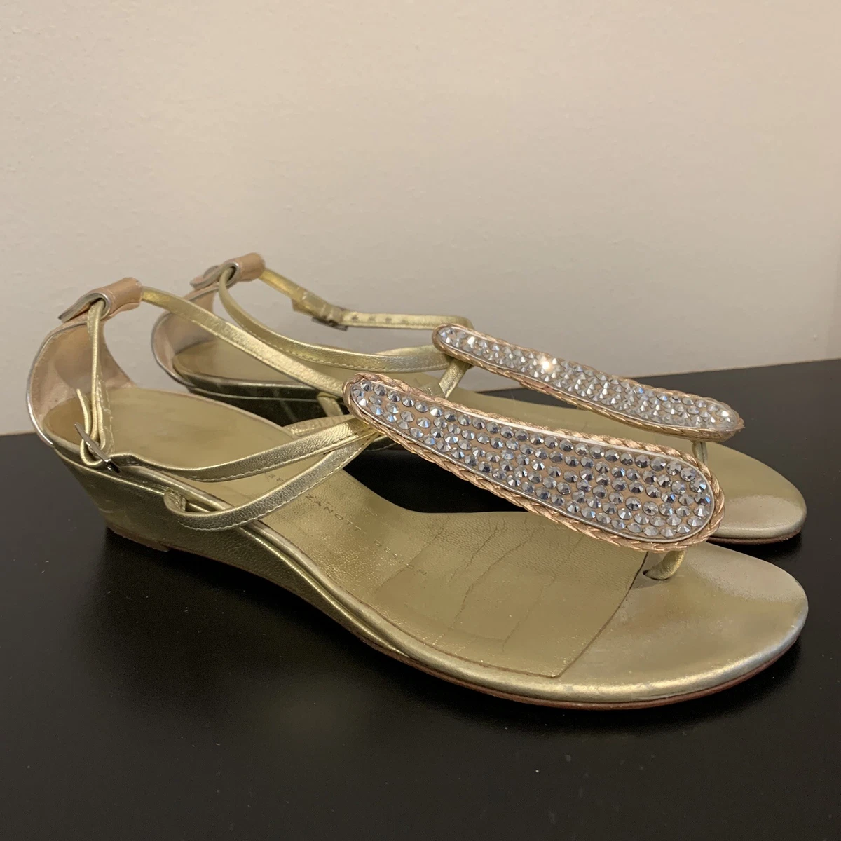 GIUSEPPE ZANOTTI Gold Leather Crystal Jeweled Low Wedge Ring Sandal 37.5 / 7.5