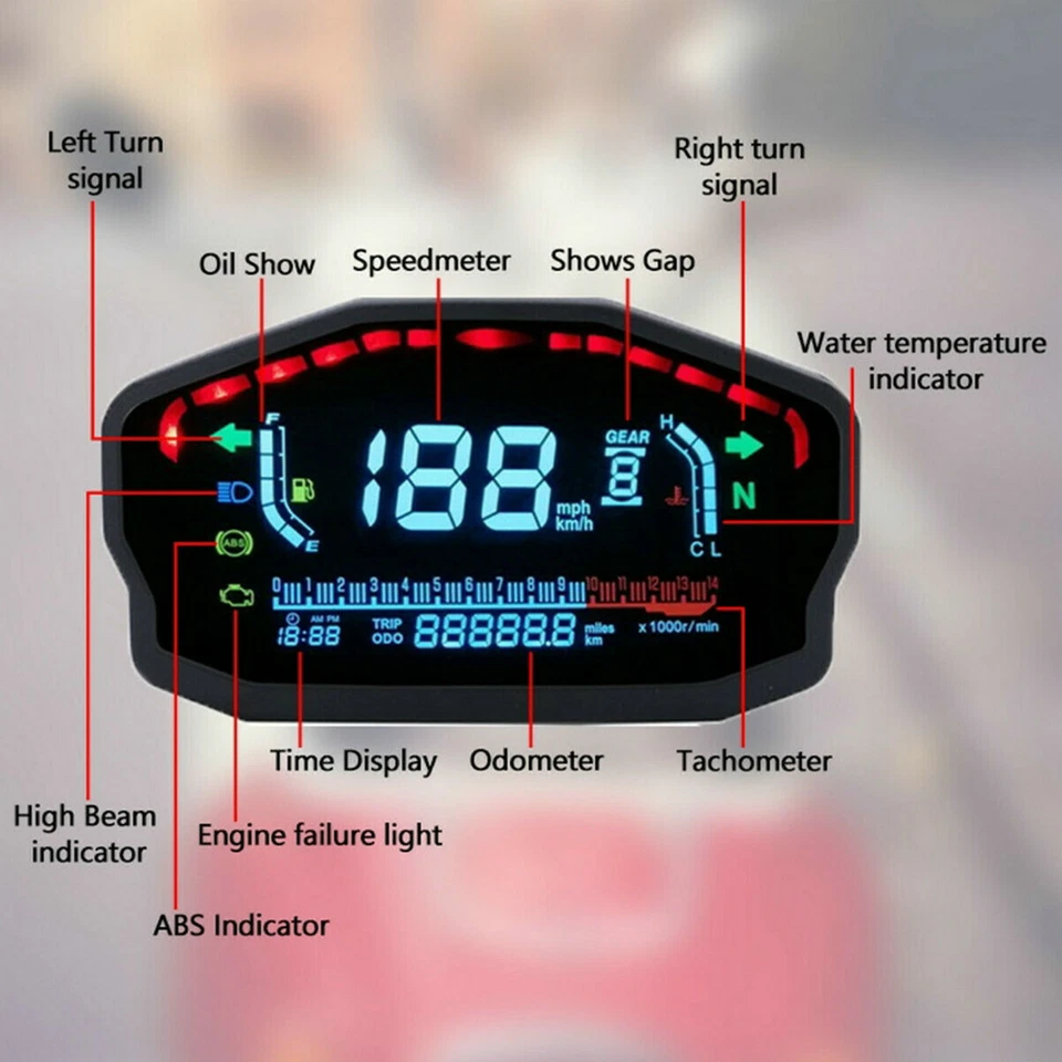 Universal Digital Motorcycle LCD Speedometer Odometer Tachometer Gauge KM/H MPH - Image 2 of 4