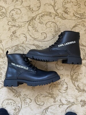 KARL LAGERFELD PARIS BLACK LOGO PRINT LEATHER BOOT SIZE US 12