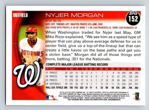 2010 Topps #152 Nyjer Morgan Washington Nationals - Picture 2 of 2