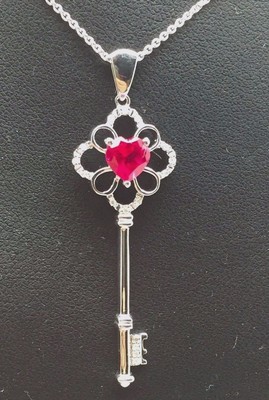 Sterling 925 Diamond Skeleton Key - Pink Tourmaline Heart - Flower Necklace 18''
