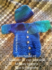 Handmade crocheted sweater with cap, made with monkey buttons, size 3 - 4 months