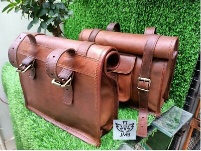 Pair Real JMB  Leather Roll Motorcycle Saddle Bag Brown Swingarm  Side 2Bag