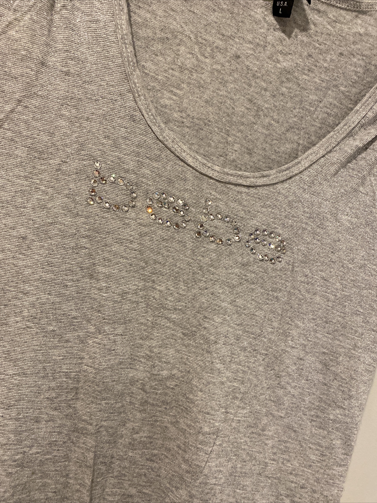 BEBE Metallic Silver Rhinestone Logo Tank Top Size La… Gem