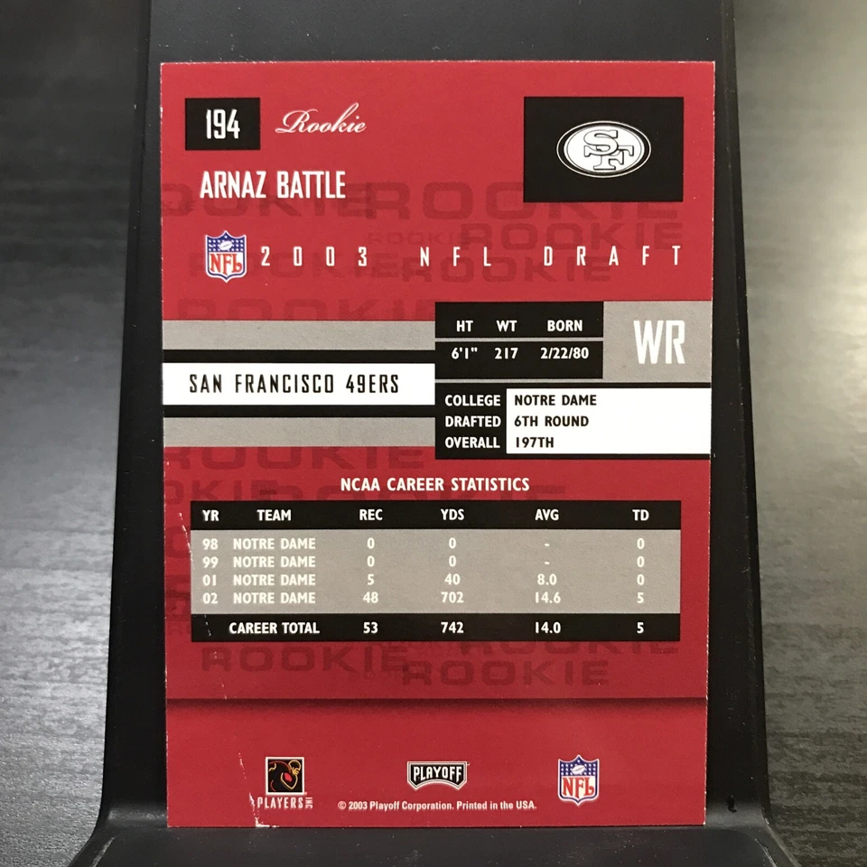 2003 Playoff Prestige #194 Arnaz Battle RC 49ers / NOTRE DAME - Image 2 of 2