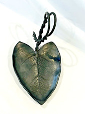 Vintage Metal Gray Leaf Shaped Tray Wire Handle Rustic 7" Home Decor