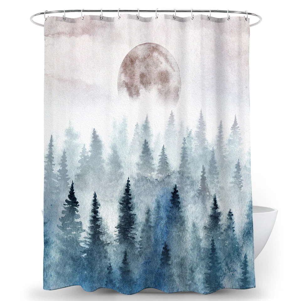 Arte Bosque Pintura al Óleo Cortina de Ducha Impresión Sol Baño Decoración con 12 Ganchos Foto 2 de 4