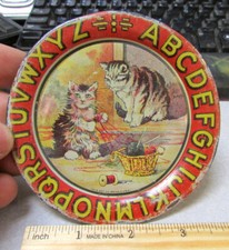 vintage RARE Tin Litho Ohio Art Toy 4.25" Plate Kittens Cats  Yarn, Alphabet