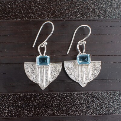 Sky Blue Topaz Gemstone 925 Sterling Silver Dangle Earrings 1.19'' Wedding Gift