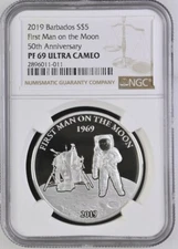2019 Barbados FIRST MAN ON THE MOON 50TH Silver $5 S$5 PF69 Ultra Cameo NGC