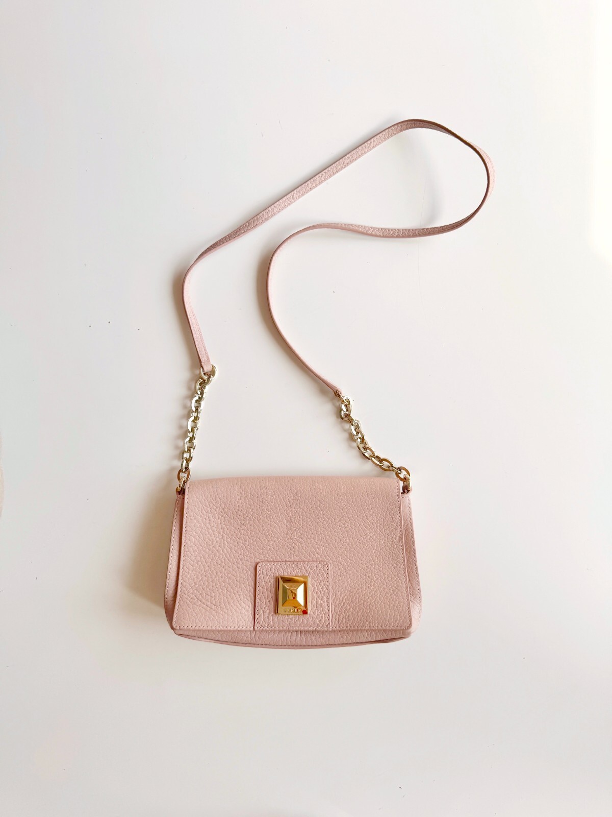FURLA Joanne Pochette Blush Pink Pebbled Leather Gold Chain