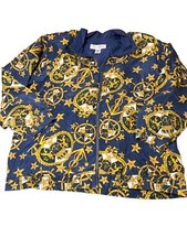 Vintage Lady Lavon 100 Silk Navy Gold Nautical Print Jacket Full Zip Size 2X