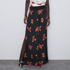 Zara Black Red Roses Flowy Wide Leg Trouser Pants Lightweight Palazzo Size XS