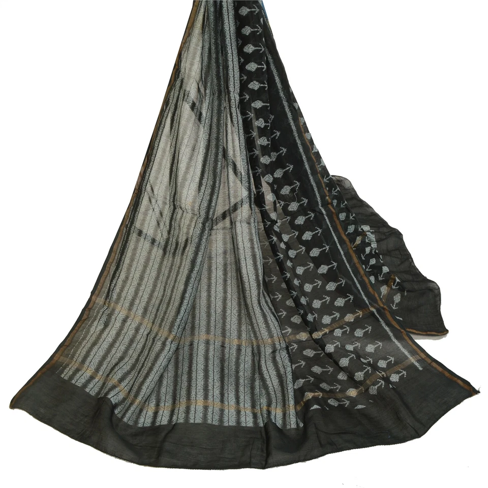 Sanskriti Vintage Long Black Dupatta/Stole Blend Silk Hijab Printed Wrap Scarves - Image 2 of 4