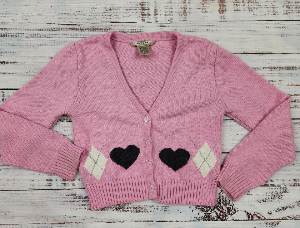 Arizona Girls Pink Argyle Heart Cardigan Sweater 6X Button Front VTG Y2K Style - Image 2 of 4