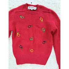 Jade Crewneck Sweater Kids Small Red 100 Shetland Wool Horn Embroidery