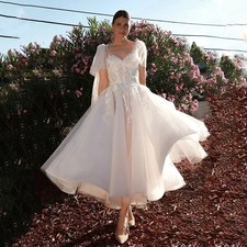 Summer Wedding Dresses for Bride Spaghtti Midi Length A Line Lace Beads Sequin