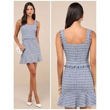 Lulus Large Adorably Luxurious Blue Tweed Raw Edge Sleeveless Mini Dress NWT