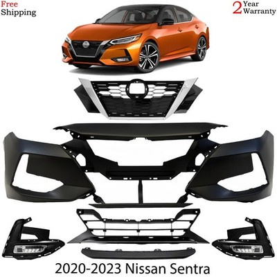 Front Bumper Cover Primed Plastic & Fog Lights Kit For 2020-2023 Nissan Sentra