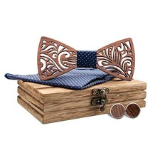 Mens Wooden Bow Tie Set, Openwork Carving Design Wood Bow Tie with Cuff Blue