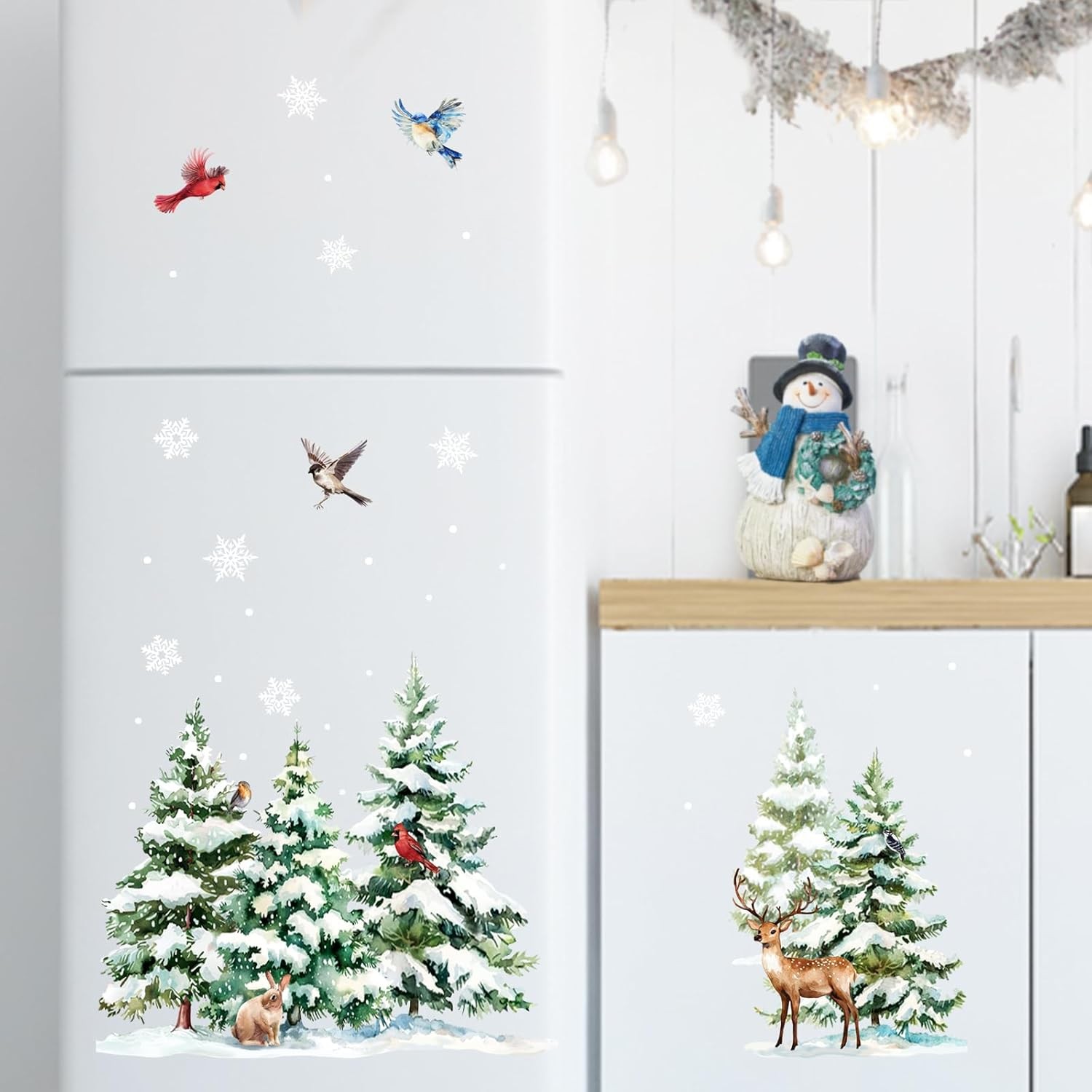 Mfault Winter Forest Animals Window Clings, Snowy Woodland Pine Tree 