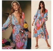 Spell & The Gypsy Cha Cha Boho Midi Dress Patchwork button down puff sleeves Exc